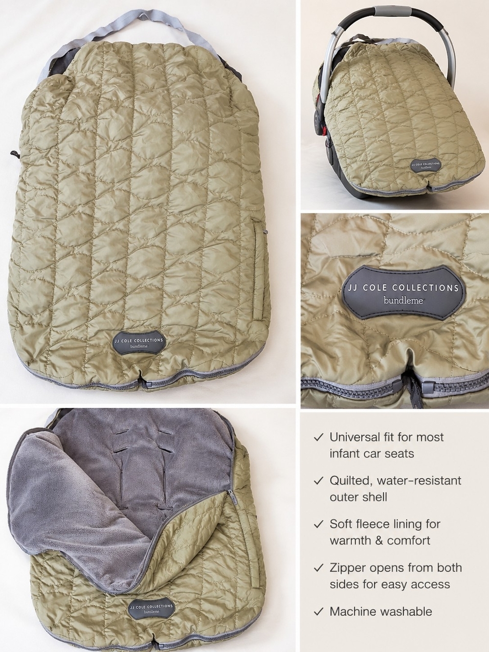 JJ Cole Olive Green Quilted Infant Car Seat Cover with Gray Fleece Lining